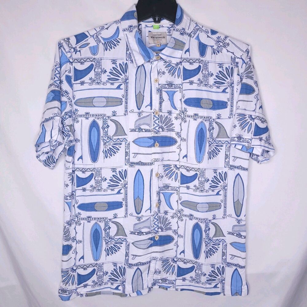 Quiksilver Waterman Shirt Mens Medium Long Board White, Blue Comfort Fit